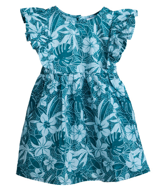 Front view of Floral Flutter teal cotton frock for girls in soft breathable fabric