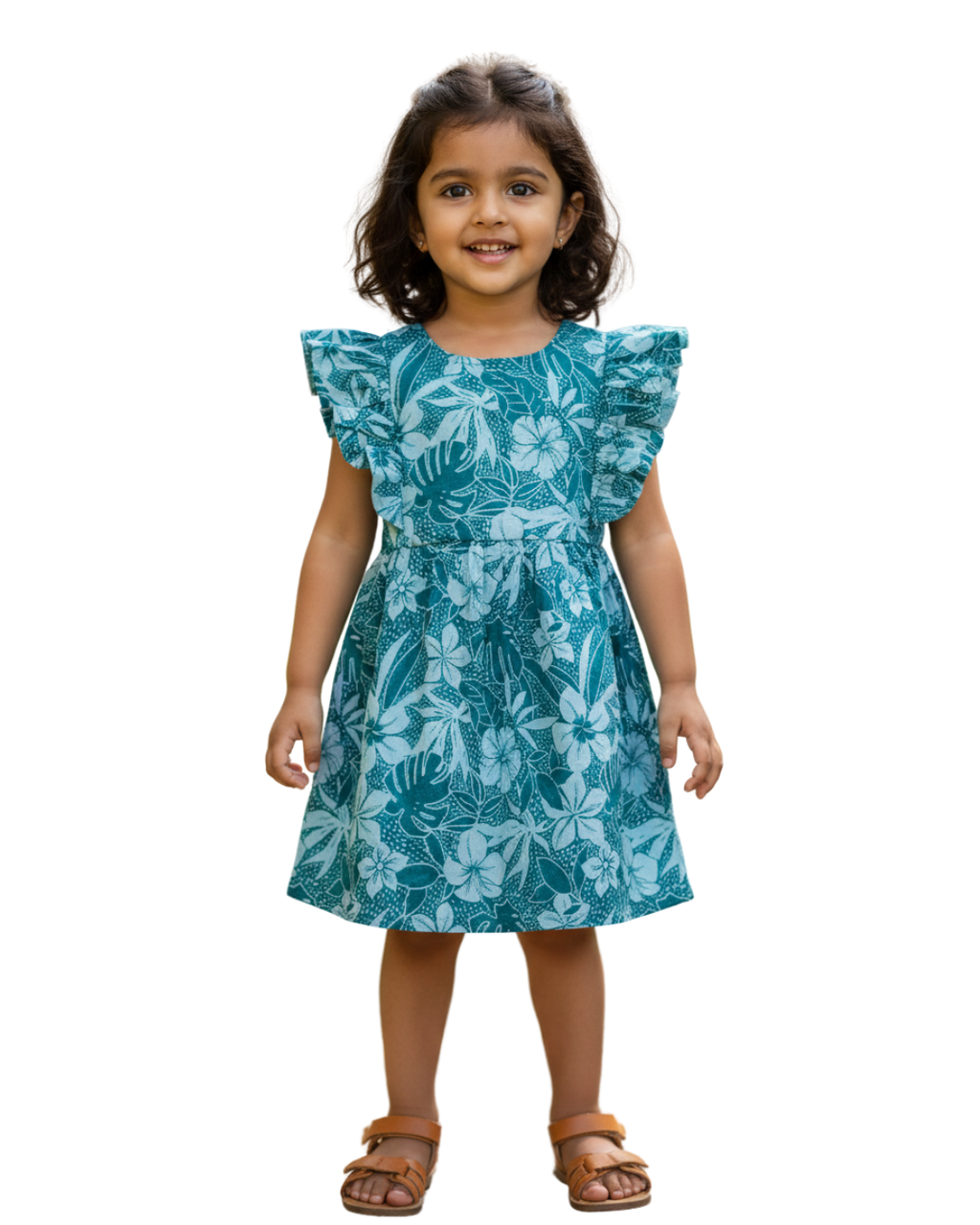 Floral Flutter teal cotton frock for girls – front view