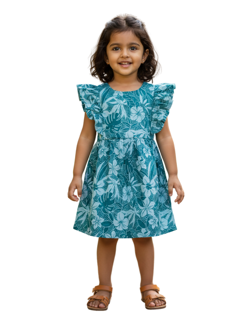 Floral Flutter teal cotton frock for girls – front view