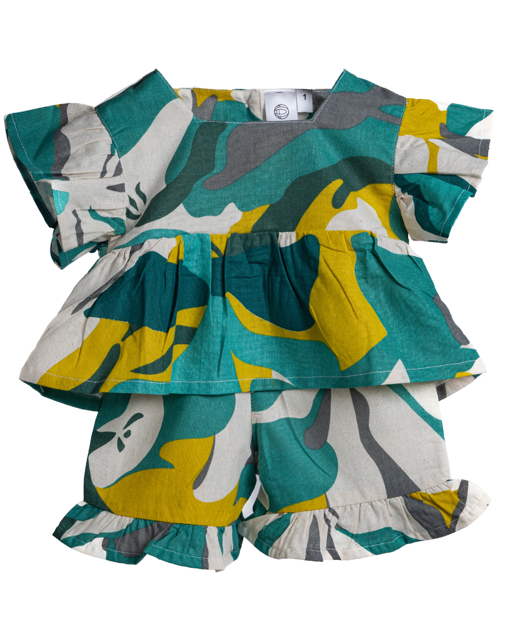 girls's outfit with ruffled top and shorts in teal, yellow, and gray pattern on a white background