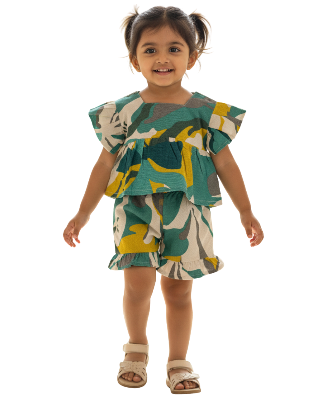 Green Bloom cotton co-ord set for girls – front view