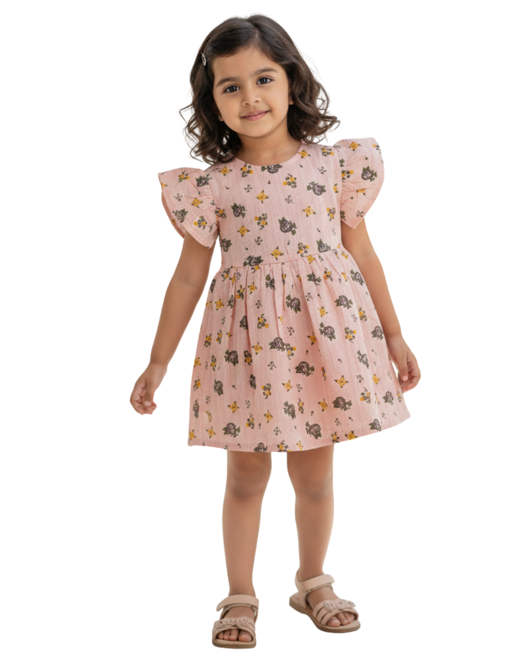 Peach Blossom cotton floral frock for girls – front view