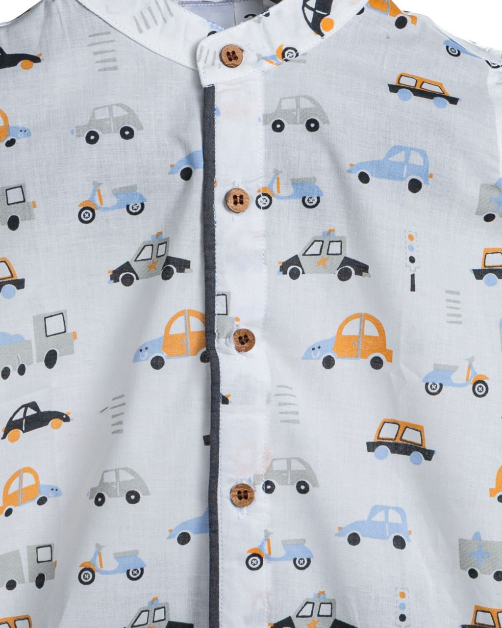 Closeup view of Racer boys cotton co-ord set with vehicle print, soft breathable kids outfit