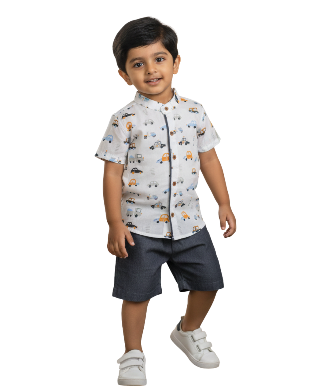 Racer vehicle print cotton co-ord set for boys – front view